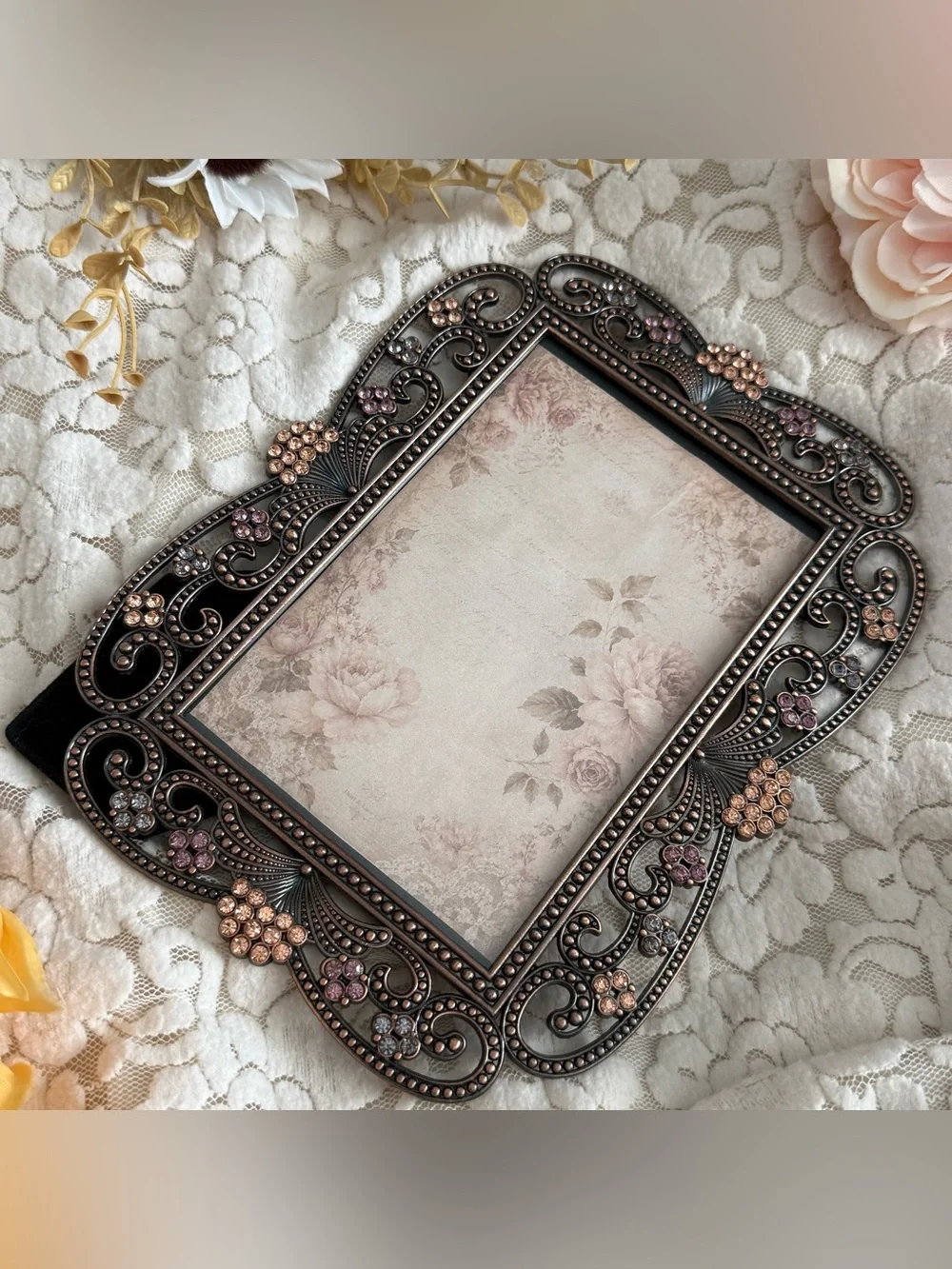 Romantic Jeweled Picture Frame Ornate Metal Scroll Rhinestone Photo Frame